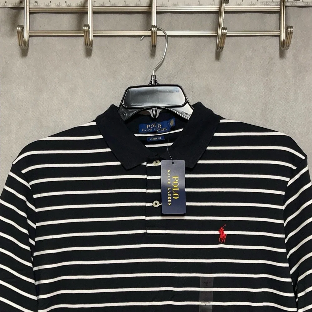 NWT Polo Ralph Lauren Polo Shirt Men L Black Stripe Classic Soft Fabric Red Pony